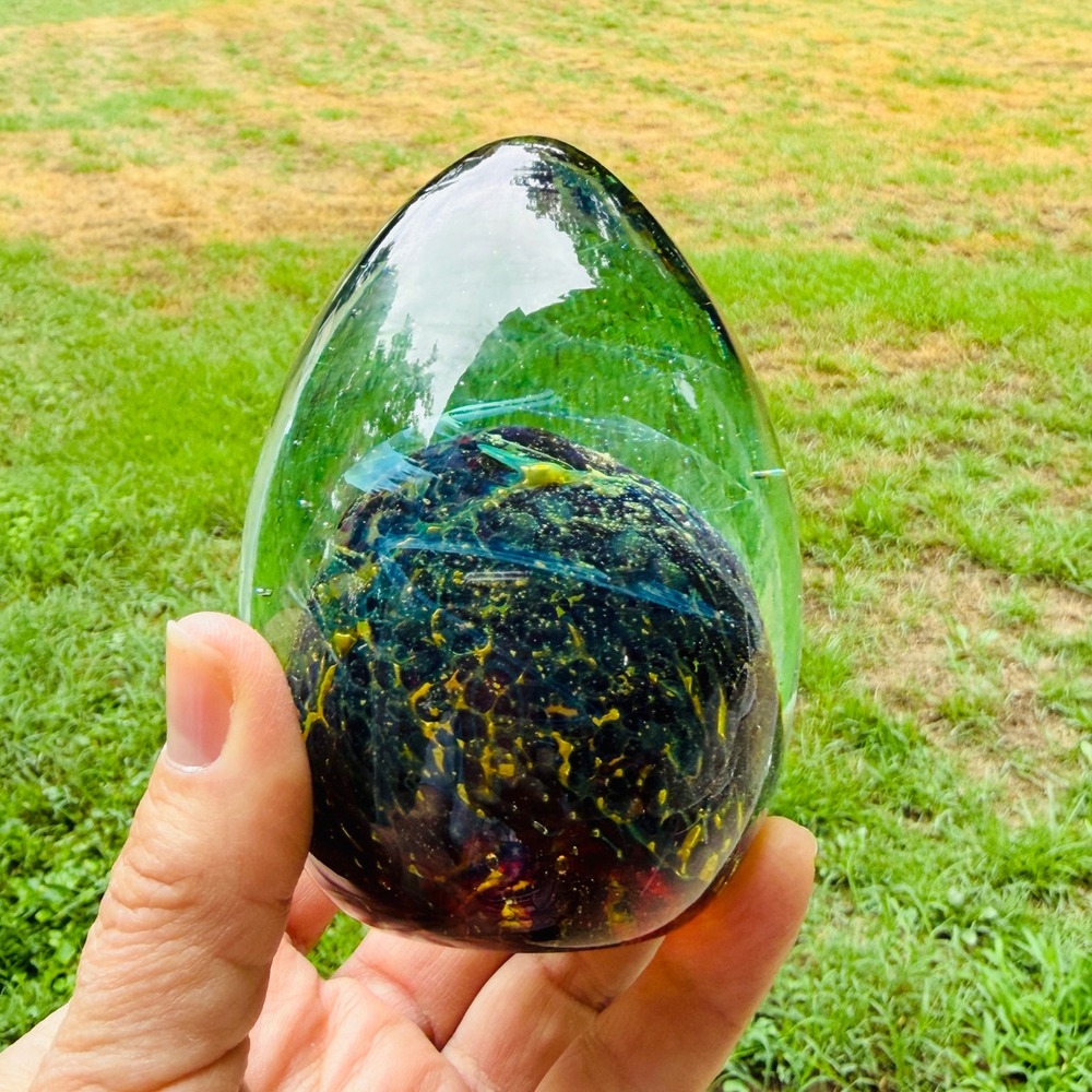 Signed Mdina Studio Art Glass Egg Paperweight Blue Green Yellow Nebula Galaxy
